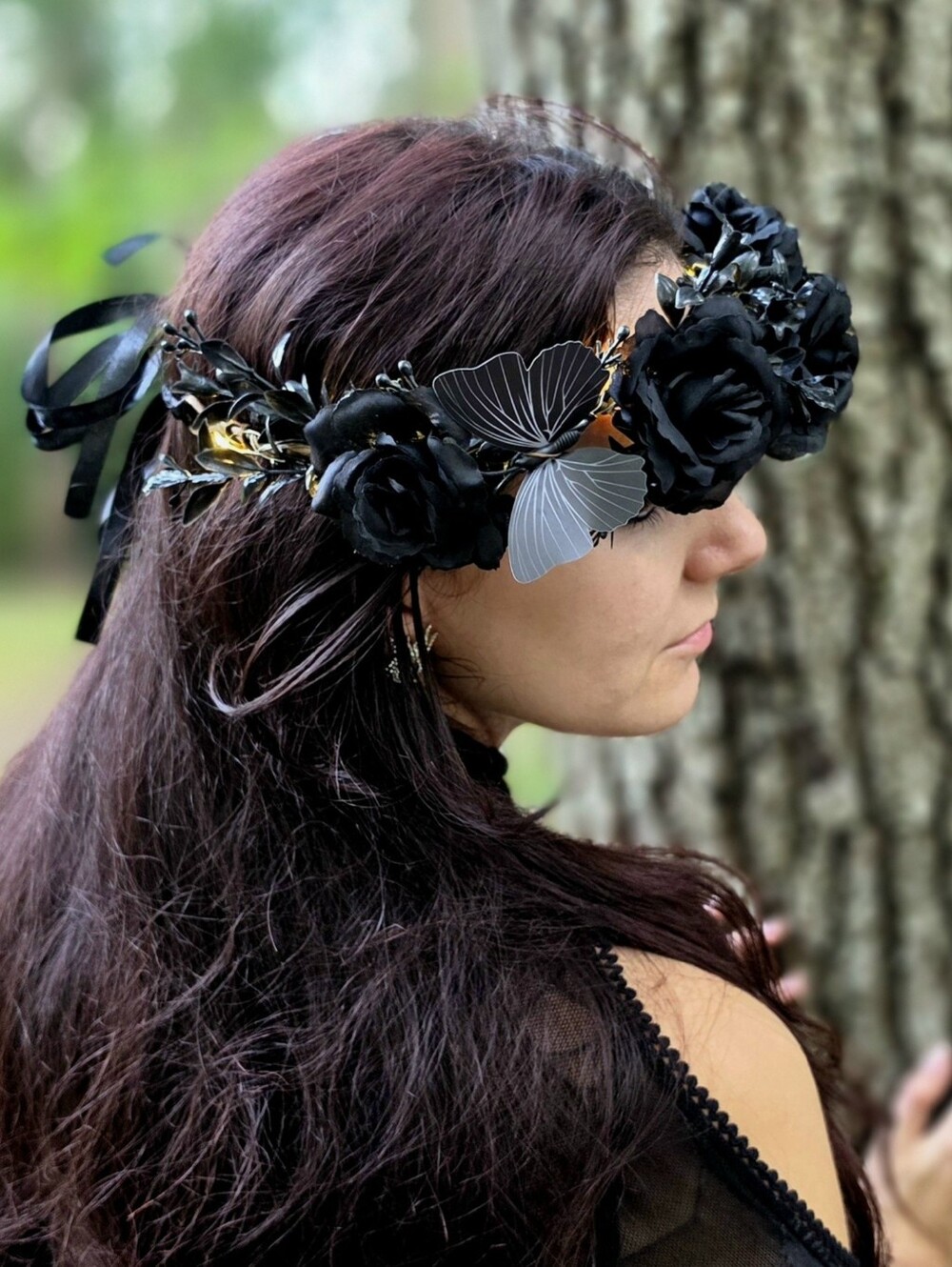 Gothic Black Butterfly & Rose Flower Crown Hair Wreath Costume Headband